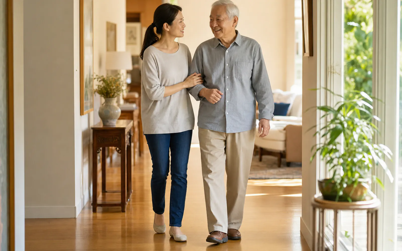 照护者陪伴长者在家中活动